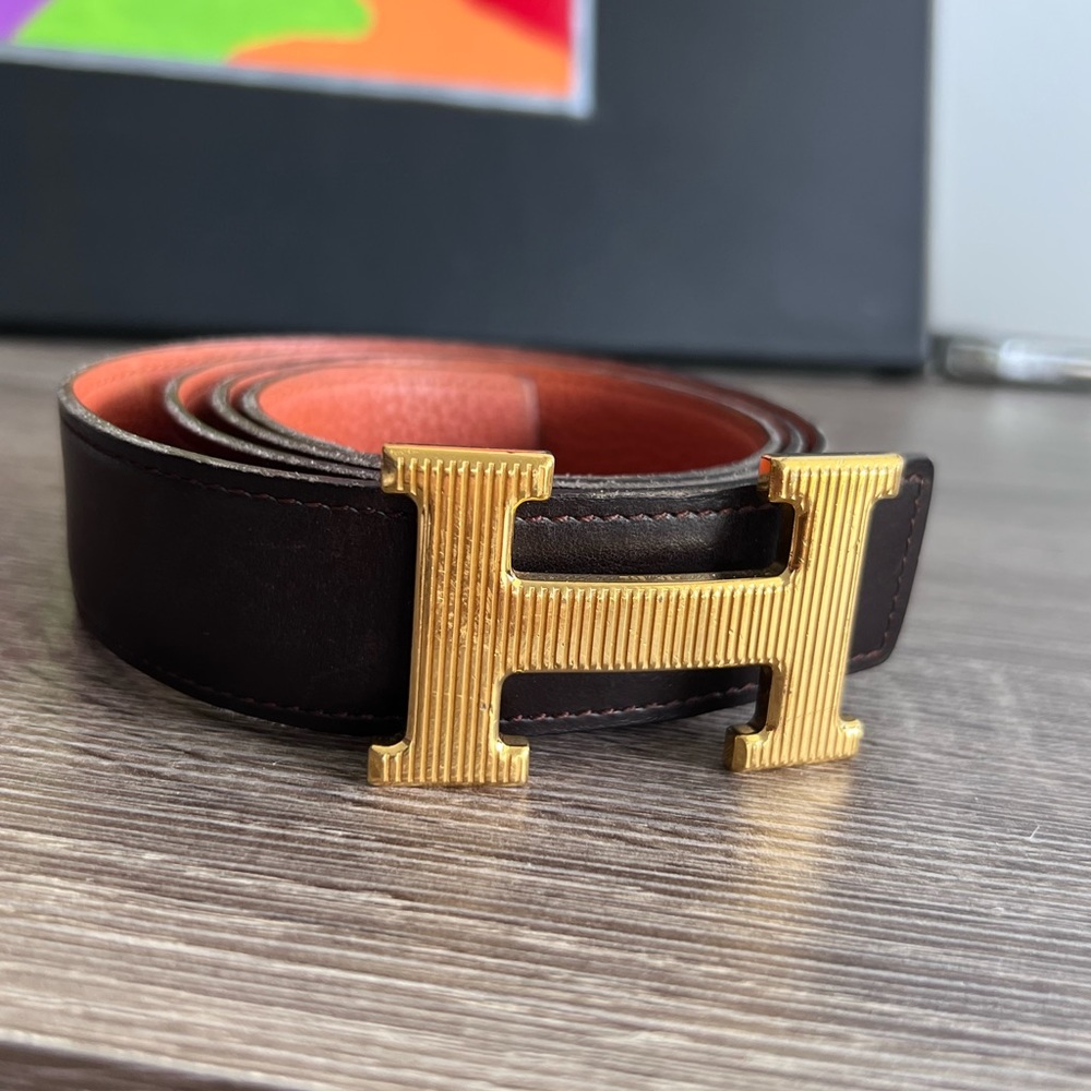 Hermes H belt, size 90 reversible chocolate brown/orange